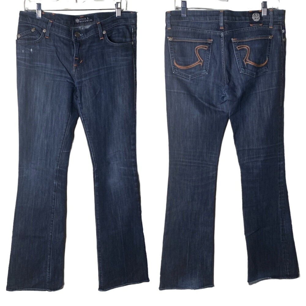 Rock & Republic Womens Jeans Blue Sz ? 34x33 Mid Rise Bootcut Denim Distressed